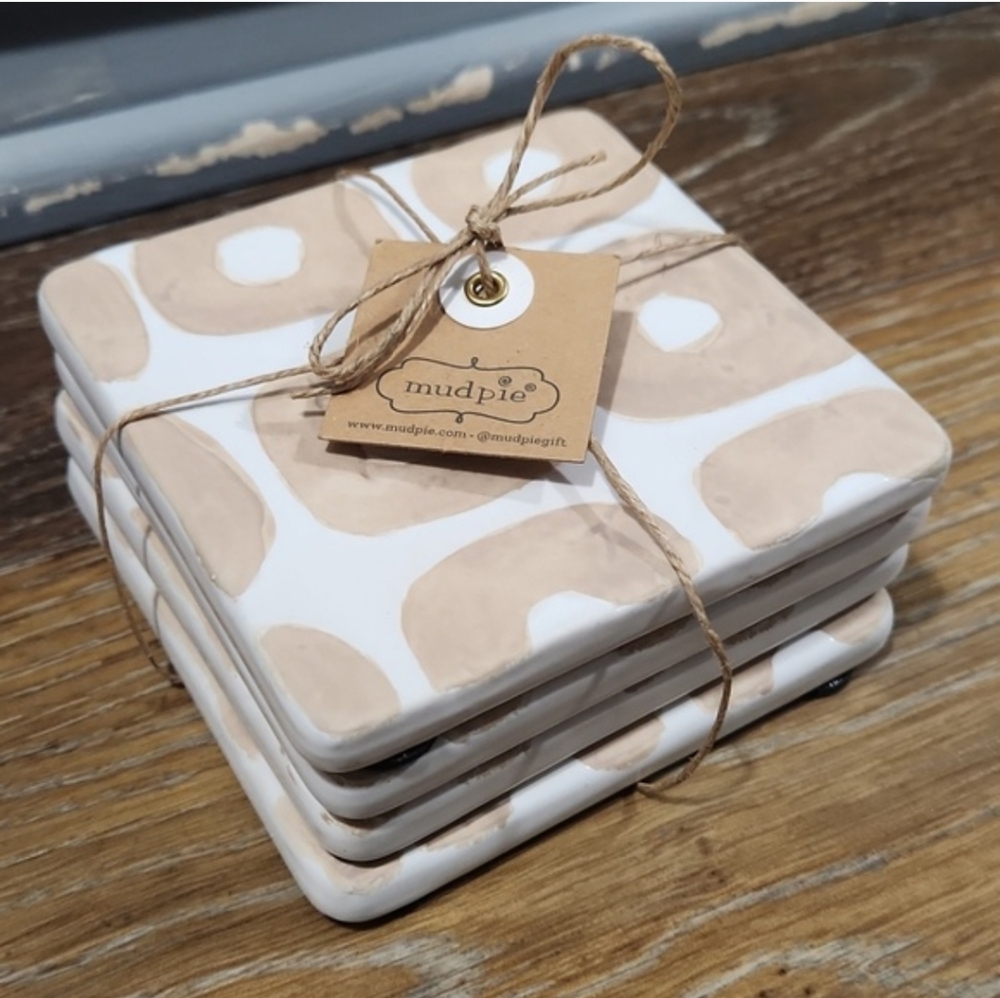 NWT Mud Pie 4 Square Terracotta Coasters White Sand